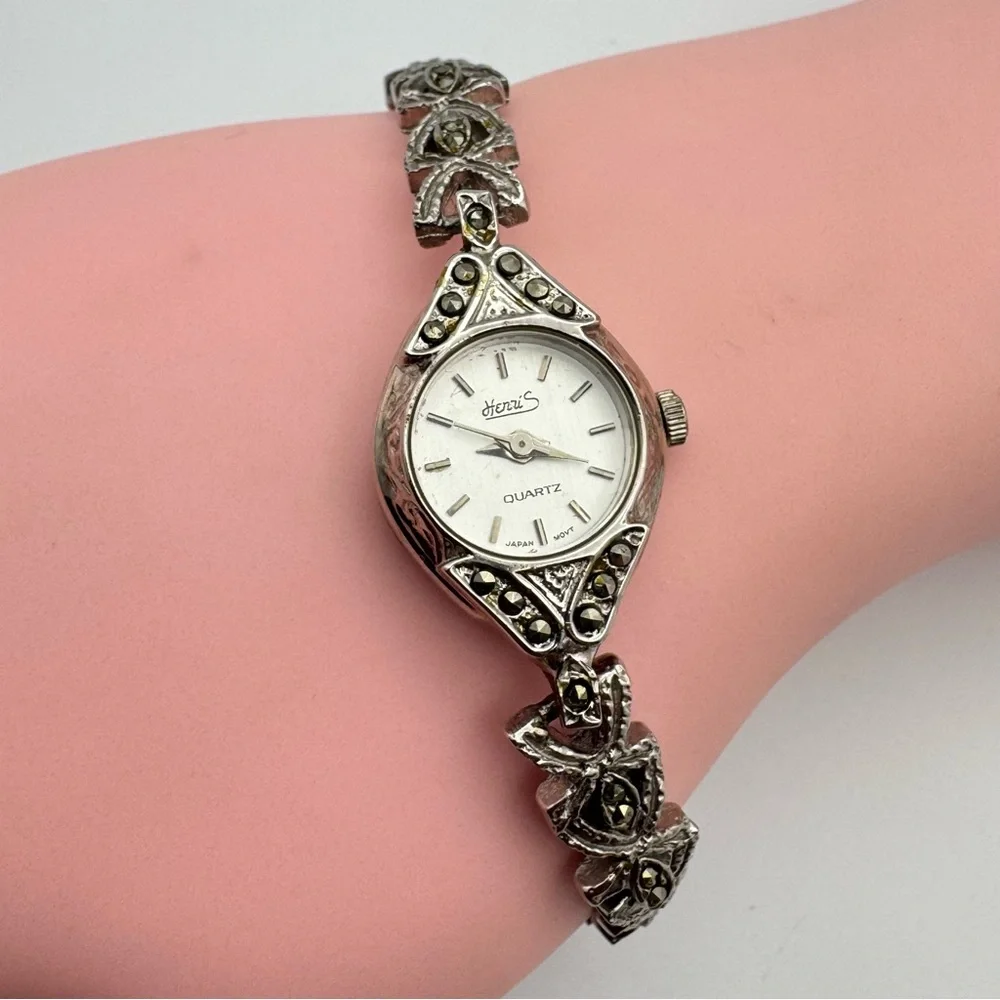 Vintage HenriS Art Deco Marcasite Style Silver Tone Quartz Bracelet Watch